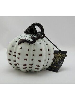 Christian Siriano Hand Blown Glass Pumpkin White Black Spotted Fall Decor 6 In
